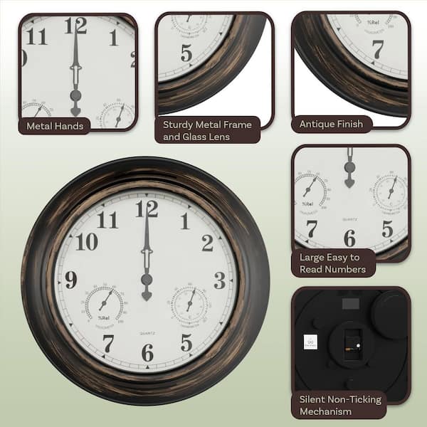 18 in. Antique Bronze Thermometer and Hygrometer Indoor/Outdoor Quartz Wall Clock