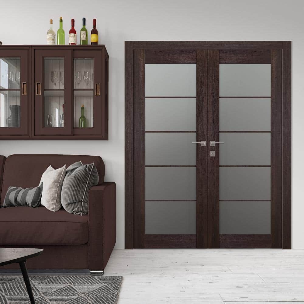 Avon 5-Lite Frosted Glass Veralinga Oak Composite Double Prehung French Door