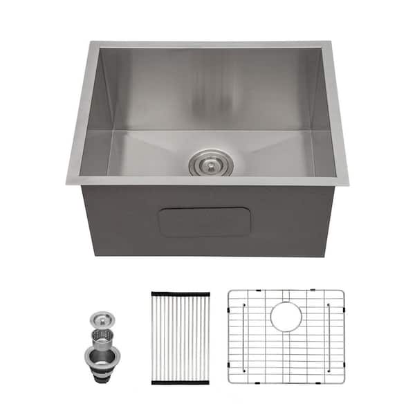 21 in. Drop-In/Undermount Single Bowl 16 Gauge Brushed Nickel Stainless Steel Kitchen Sink with Grid and Drain