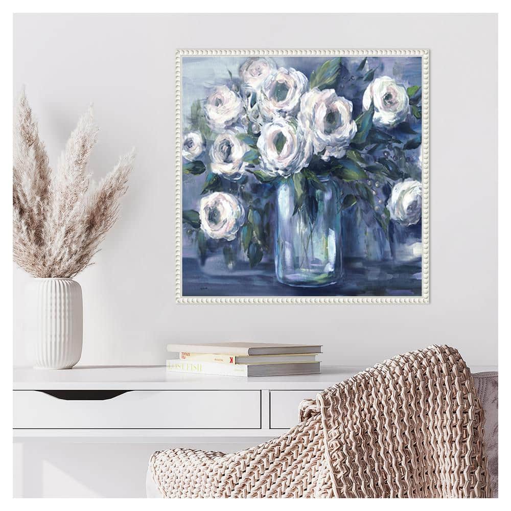 Indigo and White Floral Canvas Print with Sylvie White Frame