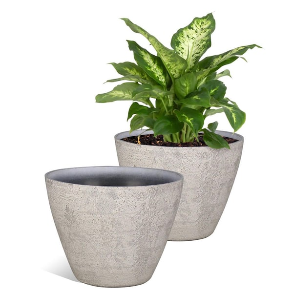 Lark & Vine White Resin Recycled Materials Round Planter Set with Drainage Holes (12 in. L x 12 in. W. X 9.1 in. H) (2-Pack)