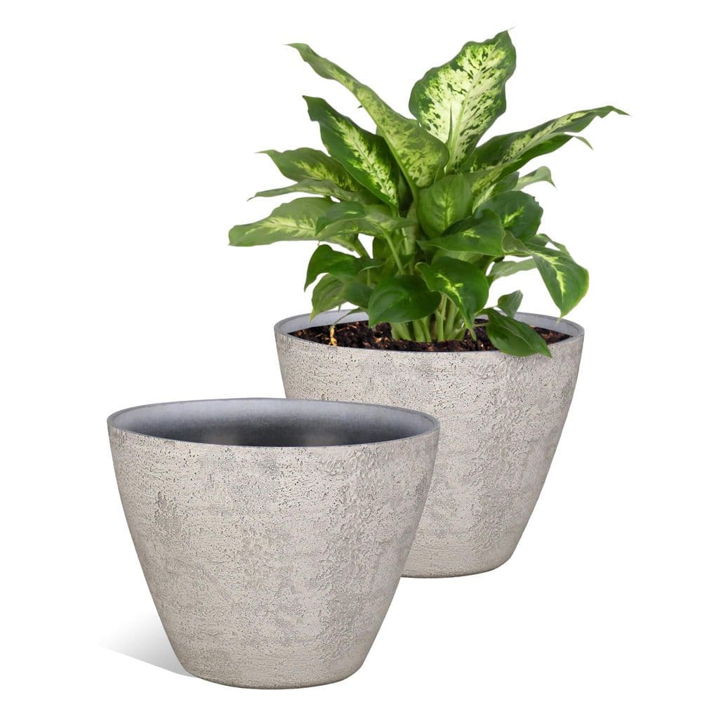 12 in. Dia White Round Faux Concrete Planter (2-Pack)