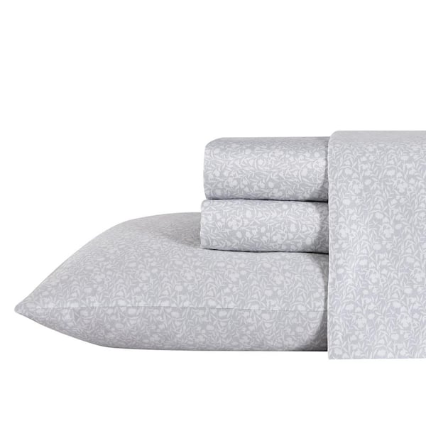 Laura Ashley Winnie 4-Piece Gray Floral Cotton King Sheet Set