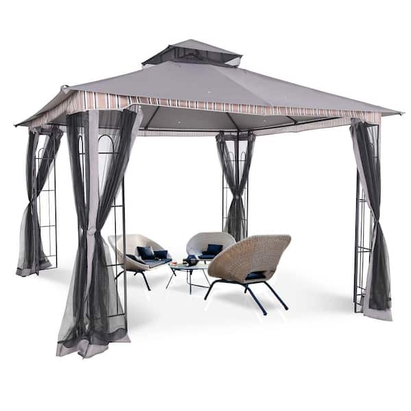 11 ft. x 13 ft. Gray Double Tier Roof gazebos with Netting for Patio, Display Shelves for Patio