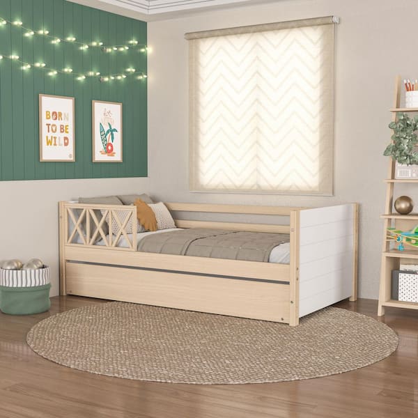 Cozy Natural and White Twin Trundle Bed with Guardrails