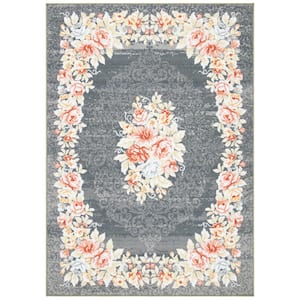 Journey Gray/Pink 5 ft. x 8 ft. Machine Washable Floral Border Area Rug