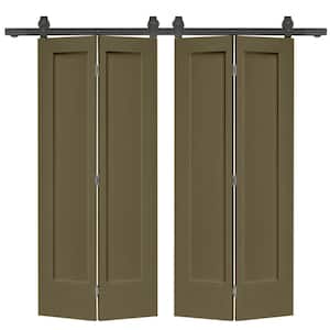 48 in. x 80 in. 1 Panel Shaker Olive Green Painted MDF Composite Double Bi-Fold Barn Door with Sliding Hardware Kit