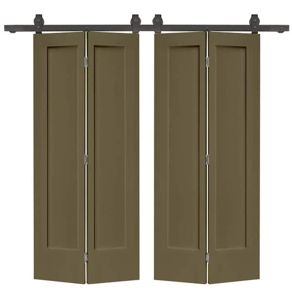 60 in. x 80 in. 1 Panel Shaker Olive Green Painted MDF Composite Double Bi-Fold Barn Door with Sliding Hardware Kit