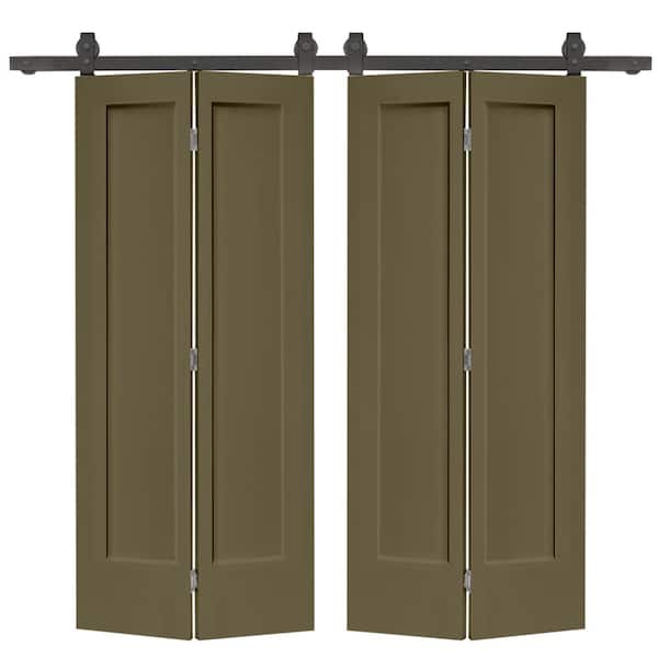 CALHOME 72 in. x 80 in. Hollow Core 1-Panel Olive Green MDF Composite Double Bi-Fold Barn Doors with Sliding Hardware Kit