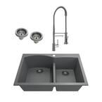 Campino Duo Concrete Gray Granite Composite 33 in. 60/40 Double Bowl Drop-In/Undermount Kitchen Sink withFaucet