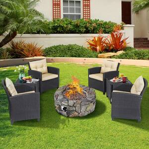 7-Piece Patio Wicker Furniture Set with Brown Cushions Gas Fire Pit Sofa Side Table Cushioned