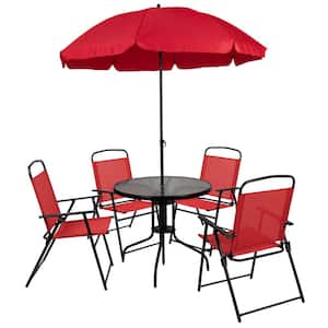 Red 6-Piece Metal Round Outdoor Dining Set and Umbrella