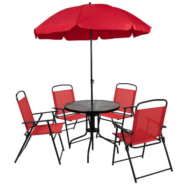 Carnegy Avenue Red 6-Piece Metal Round Outdoor Dining Set and Umbrella