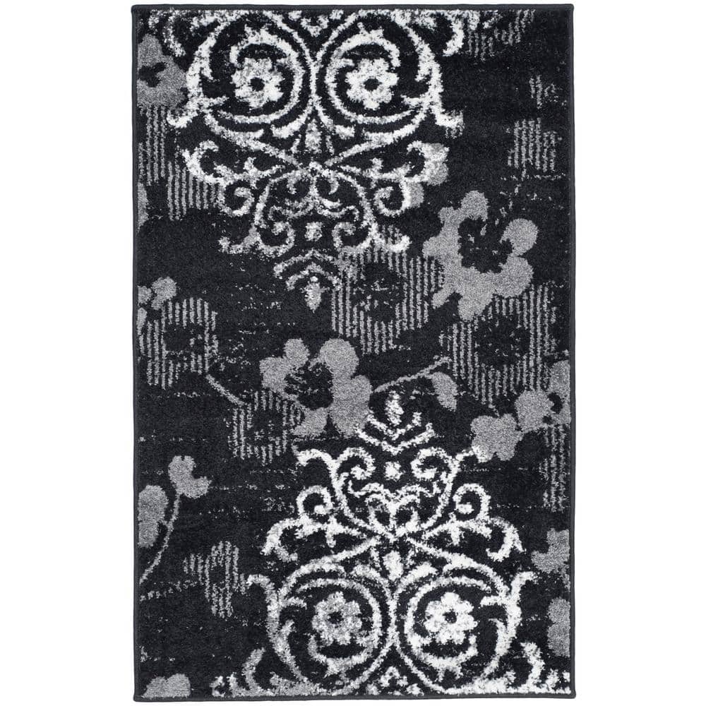 Black and Gray Floral Damask Rectangular Area Rug