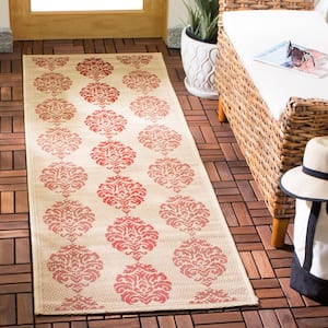 Courtyard Natural/Red 2 ft. x 10 ft. Floral Indoor/Outdoor Patio  Runner Rug