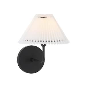 1-Light Matte Black Wall Sconce with White Pleated Fabric Shade