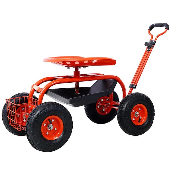 Cesicia Rolling 42.5 in. Garden Scooter Garden Cart Seat in Red with Wheels and Tool Tray 360 Swivel Seat