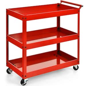 3-Tier Utility Cart Metal Storage Service Trolley 330 lbs. Capacity Red