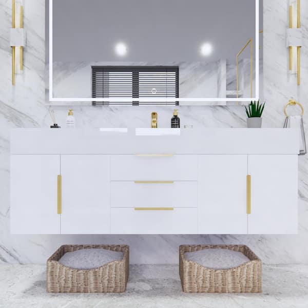 Bethany 59 in. W x 20 in. D x 22 in. H Single Sink Floating Bath Vanity in High Gloss White with White Acrylic Top