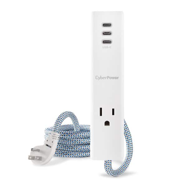 1-Outlet Surge Protector with 3 USB-C Ports, 4 ft. Braided Cord, 350-Joule, White