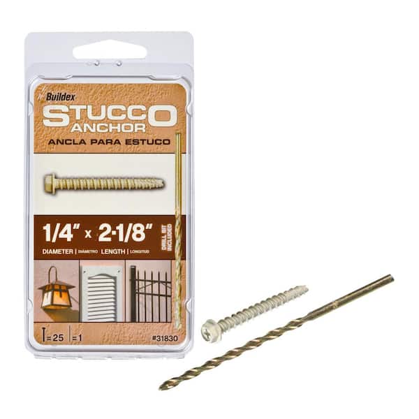 1/4 in. x 2-1/8 in. Steel Hex-Washer-Head Stucco Anchors with Drill Bit (25-Pack)