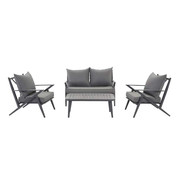 DIRECT WICKER Lucky Grey 4-Pieces Aluminum Patio Seating Group with Grey Cushions