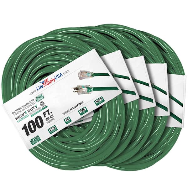 LifeSupplyUSA 100 ft. 10-Gauge/3 Conductors SJTW Indoor/Outdoor Extension Cord with Lighted End Green (5-Pack)