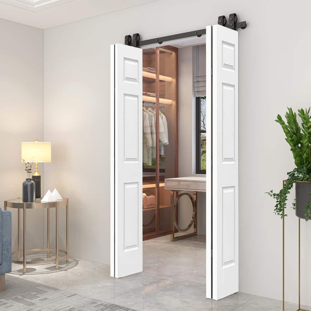 60 in. x 80 in. White Painted MDF Double Bi-Fold Barn Door with Sliding Hardware Kit