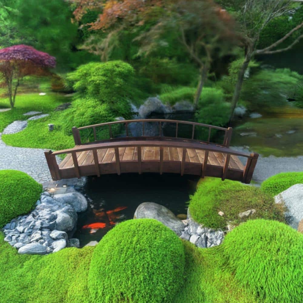 8 ft. Japanese Treated Wood Garden Moon Bridge with Arched Railings