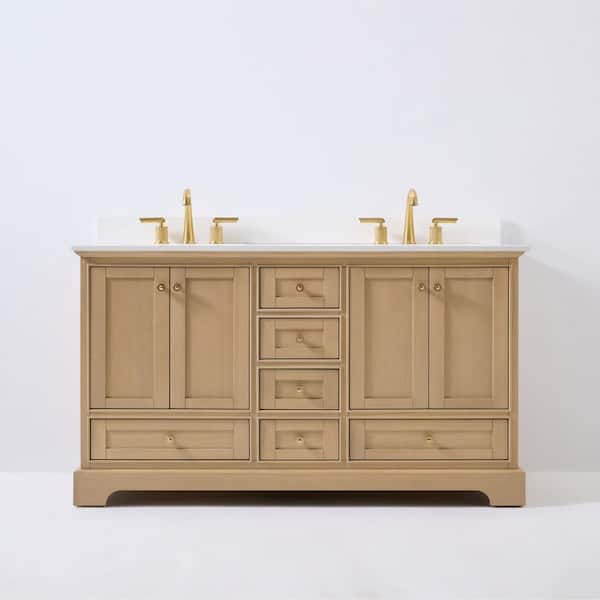 Audrey 60 in. W Bath Vanity in Oak with White Quartz Top