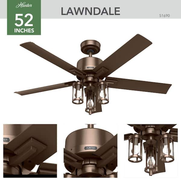 Hunter - Lawndale 52 in. Indoor/Outdoor Satin Bronze Ceiling Fan with Light Kit Included
