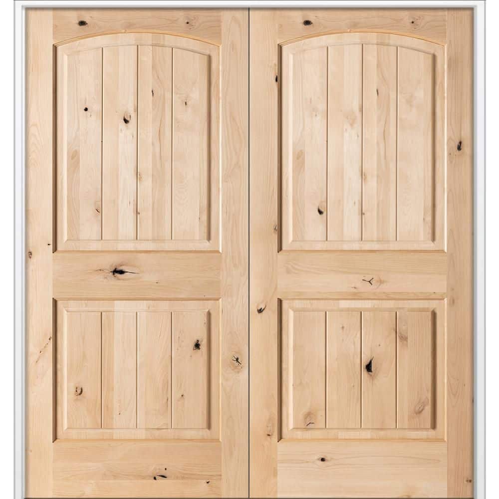56 in. x 80 in. Rustic Knotty Alder 2-Panel Arch Top VG Both Active Unfinished Wood Double Prehung Interior French Door price history on PriceWatchPro