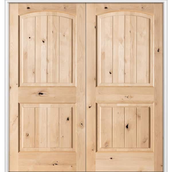 60 in. x 80 in. Rustic Knotty Alder 2-Panel Arch Top VG Universal Unfinished Wood Double Prehung Interior French Door