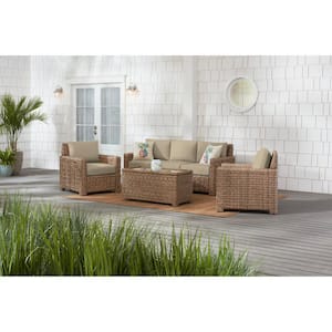 Laguna Point 4-Piece Natural Tan Wicker Outdoor Patio Conversation Seating Set with CushionGuard Putty Tan Cushions