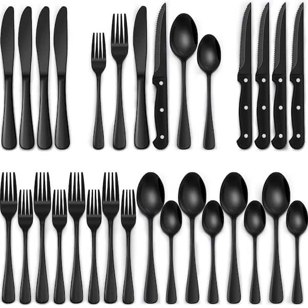 24-Piece Black Silverware Set with Steak Knives, Food Grade Stainless Steel Tableware Cutlery Set, Mirror Finished