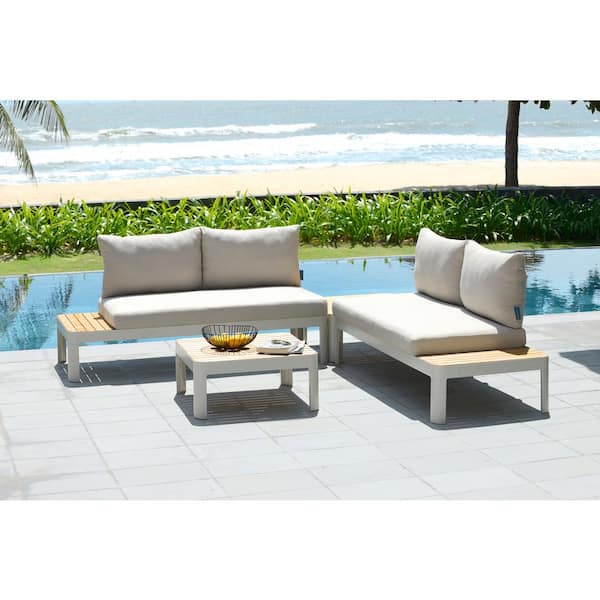 Armen Living Portals Matte Sand 4-Piece Aluminum Natural Teak Wood Outdoor Patio Conversation Set with Taupe Cushions