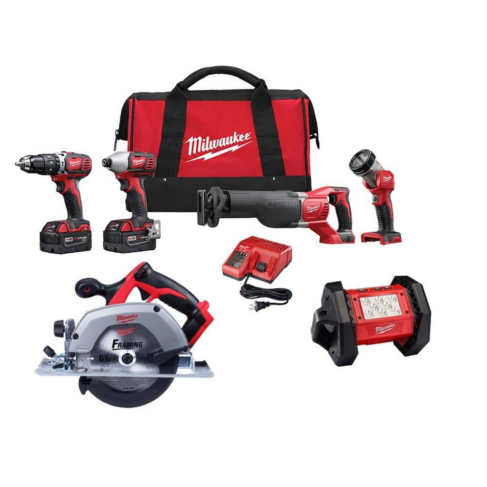 M18 18V Lithium-Ion Cordless Combo Kit with Two 3.0Ah Batteries (4-Tool) with 6-1/2 in. Circular Saw & Flood Light -  Milwaukee, 2696-24-263