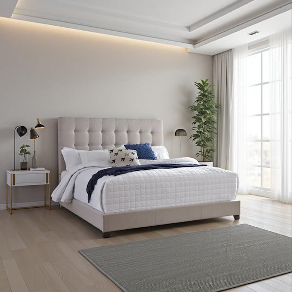 Leji Beige and Black Engineered Wood Frame Queen Platform Bed with Button Tufted Polyester Headboard