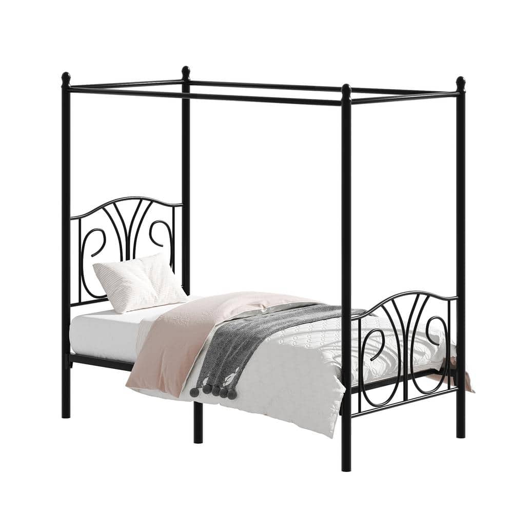 Metal Canopy Bed Frame, Black Twin Size with Headboard, Heavy Duty Steel Slats, No Box Spring Needed (Style 3)
