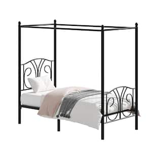 Metal Canopy Bed Frame, Black Twin Size with Headboard, Heavy Duty Steel Slats, No Box Spring Needed (Style 3)