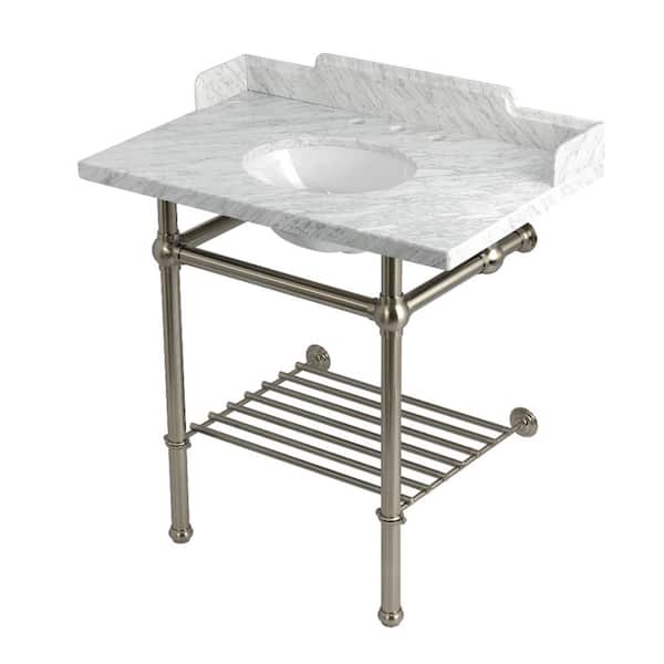 Kingston Brass Pemberton 36 in. Marble Console Sink with Brass Legs in Marble White/Brushed Nickel