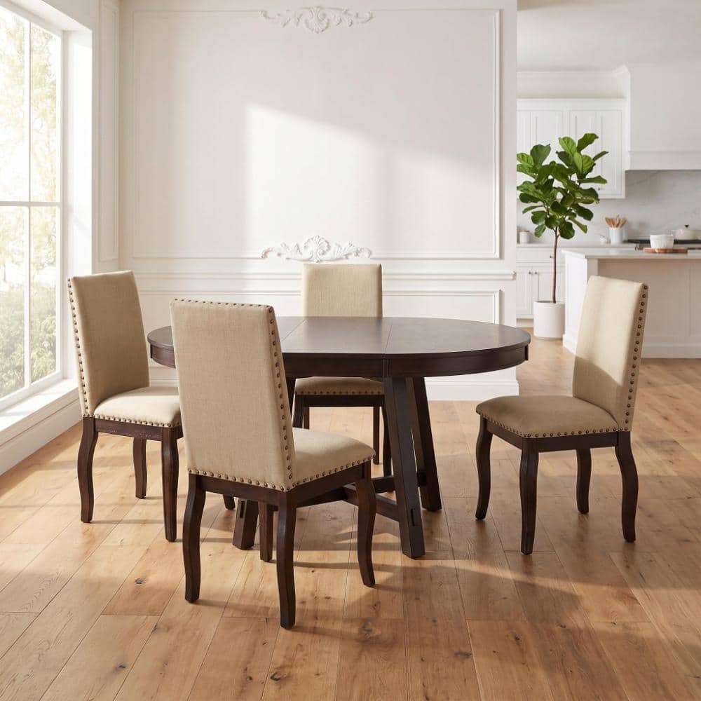 5-Piece Dining Table Set Wood Round Extendable Dining Table and 4 Upholstered Dining Chairs (Espresso)