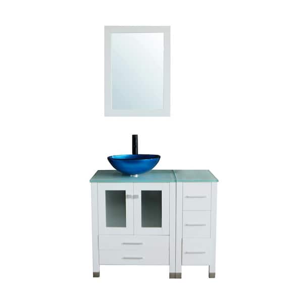 walsport 36.4 in. W x 21.7 in. D x 60 in. H Single Sink Bath Vanity in White with Green Countertop and Glass Sink and Mirror