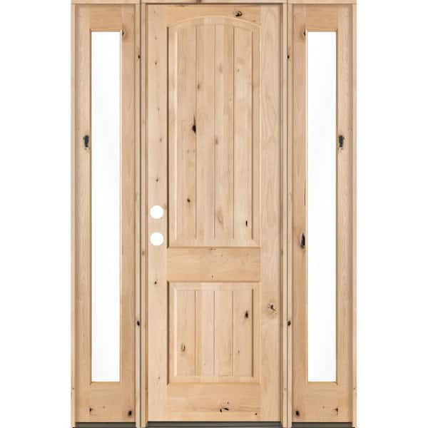 Krosswood Doors 58 in. x 96 in. Rustic Unfinished Knotty Alder Arch Top VG Right-Hand Full Sidelites Clear Glass Prehung Front Door