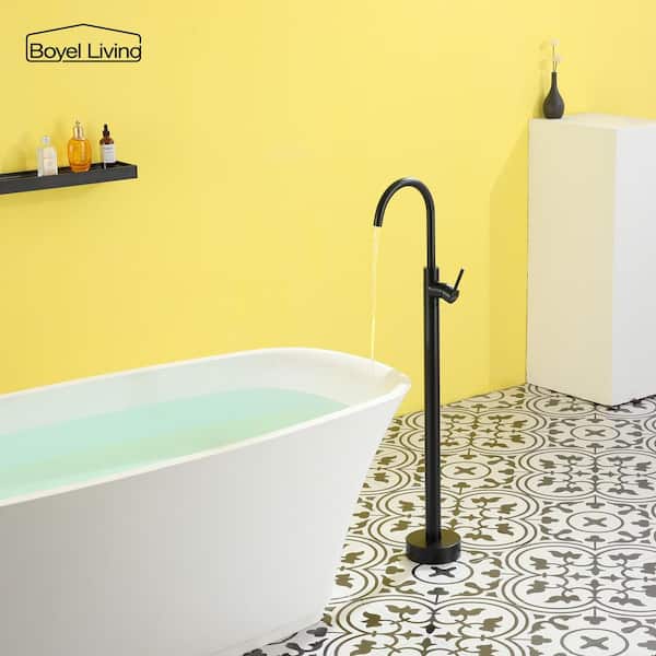 Freestanding Floor Mount Single Handle Bath Tub Filler Faucet with Water Supply Lines in Matte Black