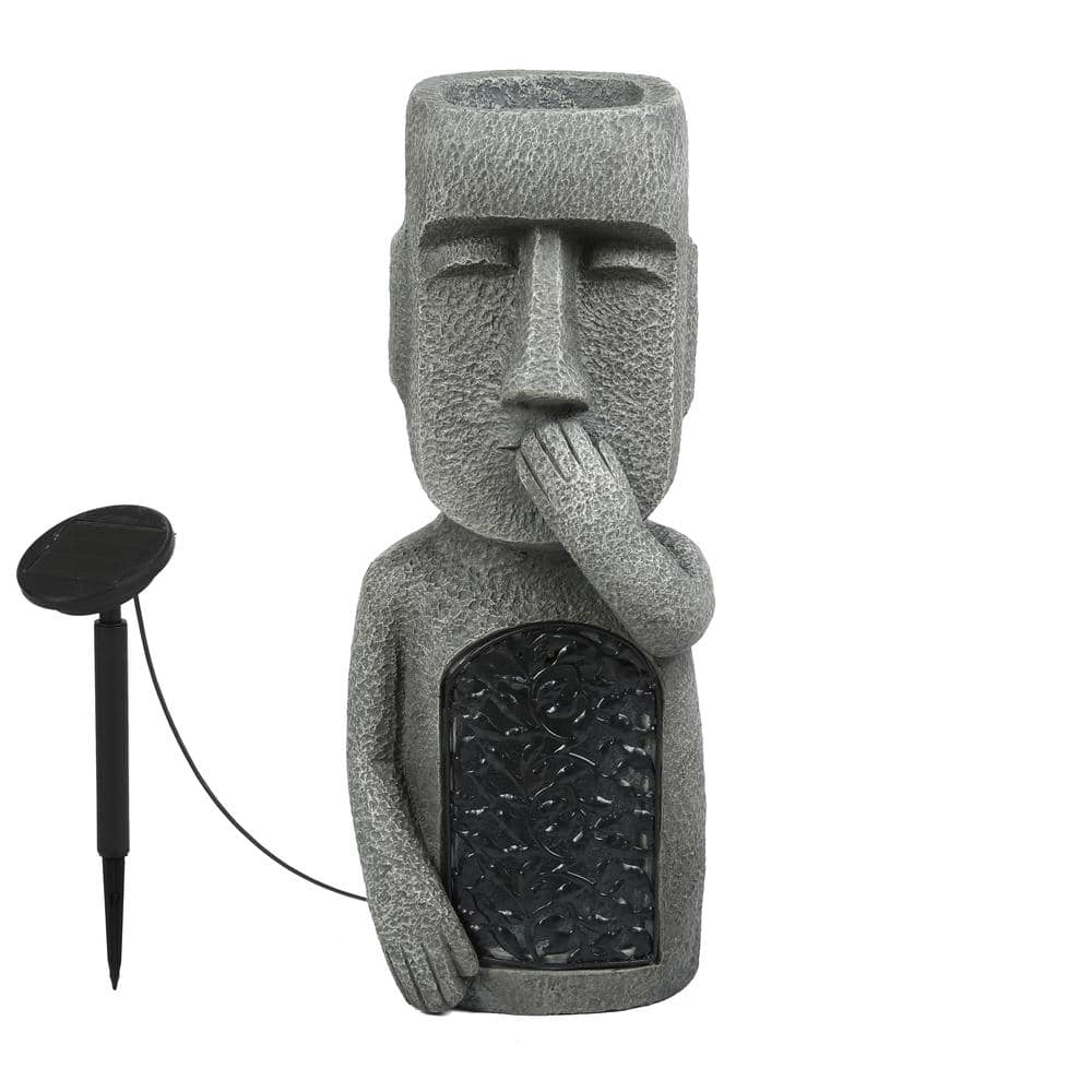 Gray Easter Island Solar Garden Statues with Planters, Set of 3