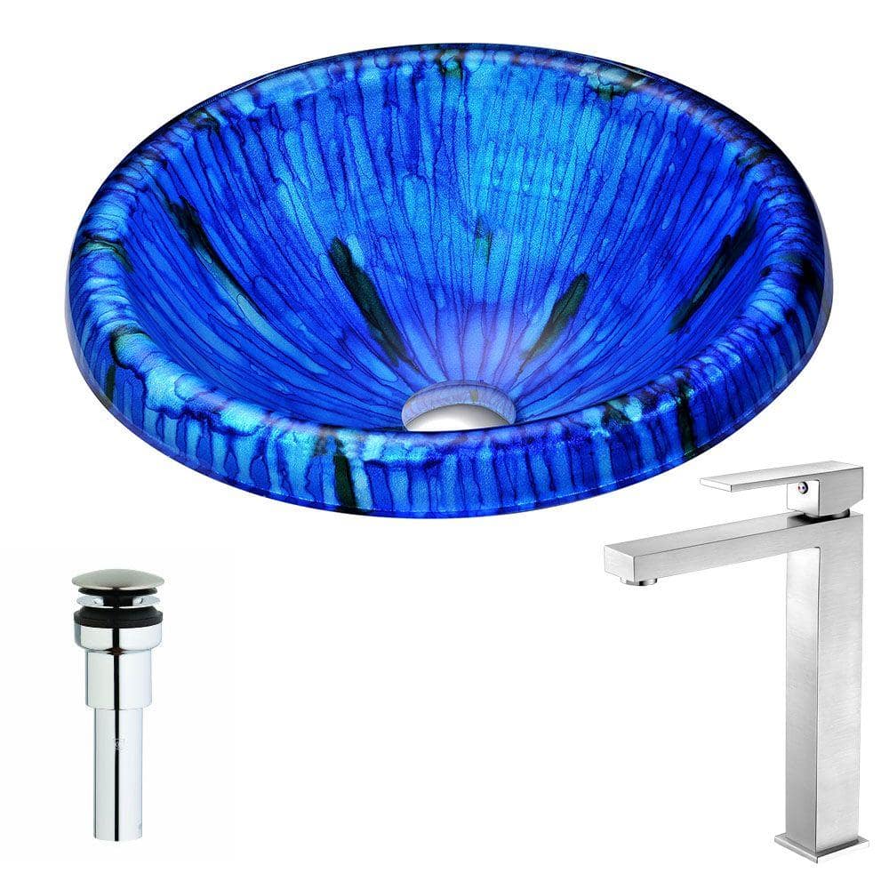 Sul Series Deco-Glass Vessel Sink in Lustrous Blue with Enti Faucet in Brus