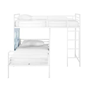 White/Light Blue Metal Twin L-Shaped Bunk Bed with Wood Circle Cut-Out Panels