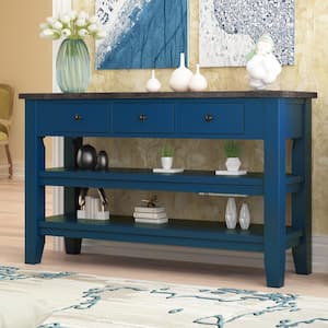 48 in. Blue Rectangle Wood Modern Console Table with 3-Drawers and 2-Shelves