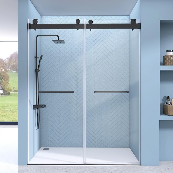 NTQ 72 in. W x 79 in. H Double Sliding Shower Doors Frameless Bypass Glass Shower Door in Matte Black 3/8 in. Clear Glass